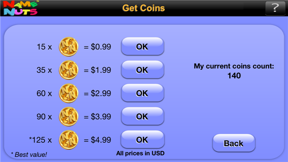 NameNuts Coins screen (No-Limits)