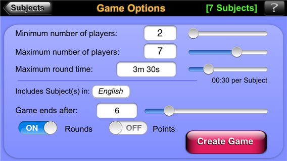 NameNuts Create Game - Game Options screen